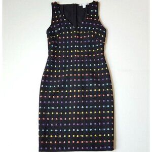 Diane von Furstenberg Sz 2 Black Tweed Boucle Sheath Pencil Dress V Neck Rainbow
